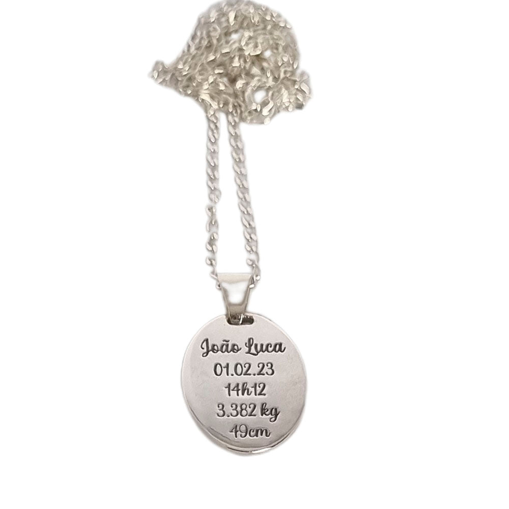 Colar Pingente Oval Personalizado Dados Nascimento em Prata