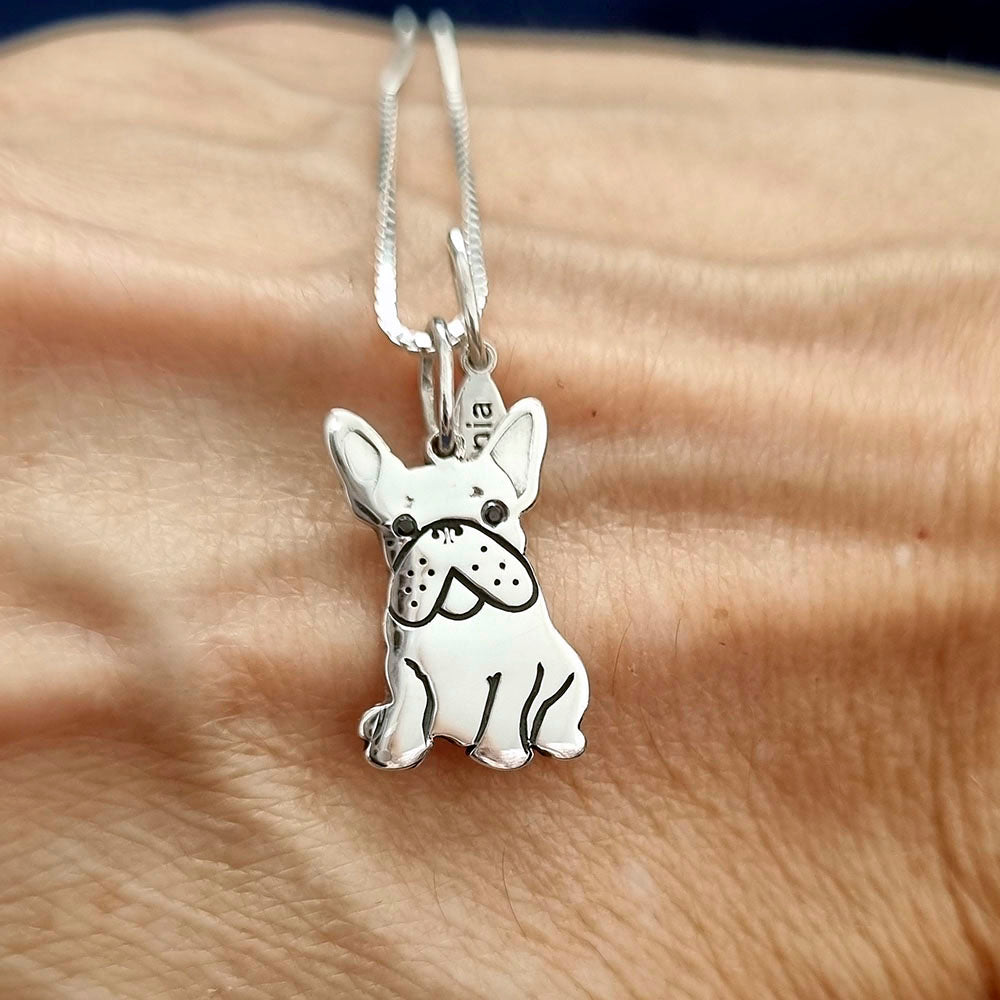 Colar Pingente Personalizado Pet Bulldog Francês Prata Zircônia