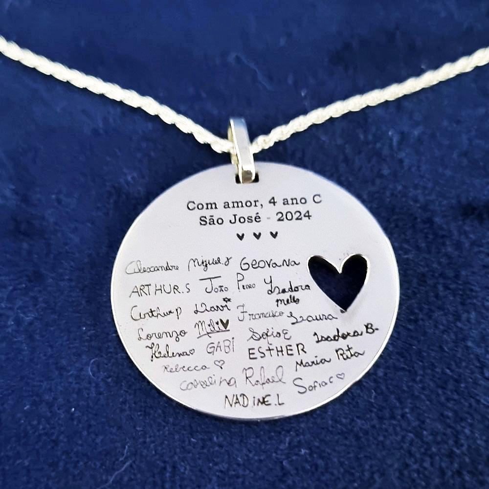 Colar Pingente Redondo Assinaturas Personalizado 30mm em Prata