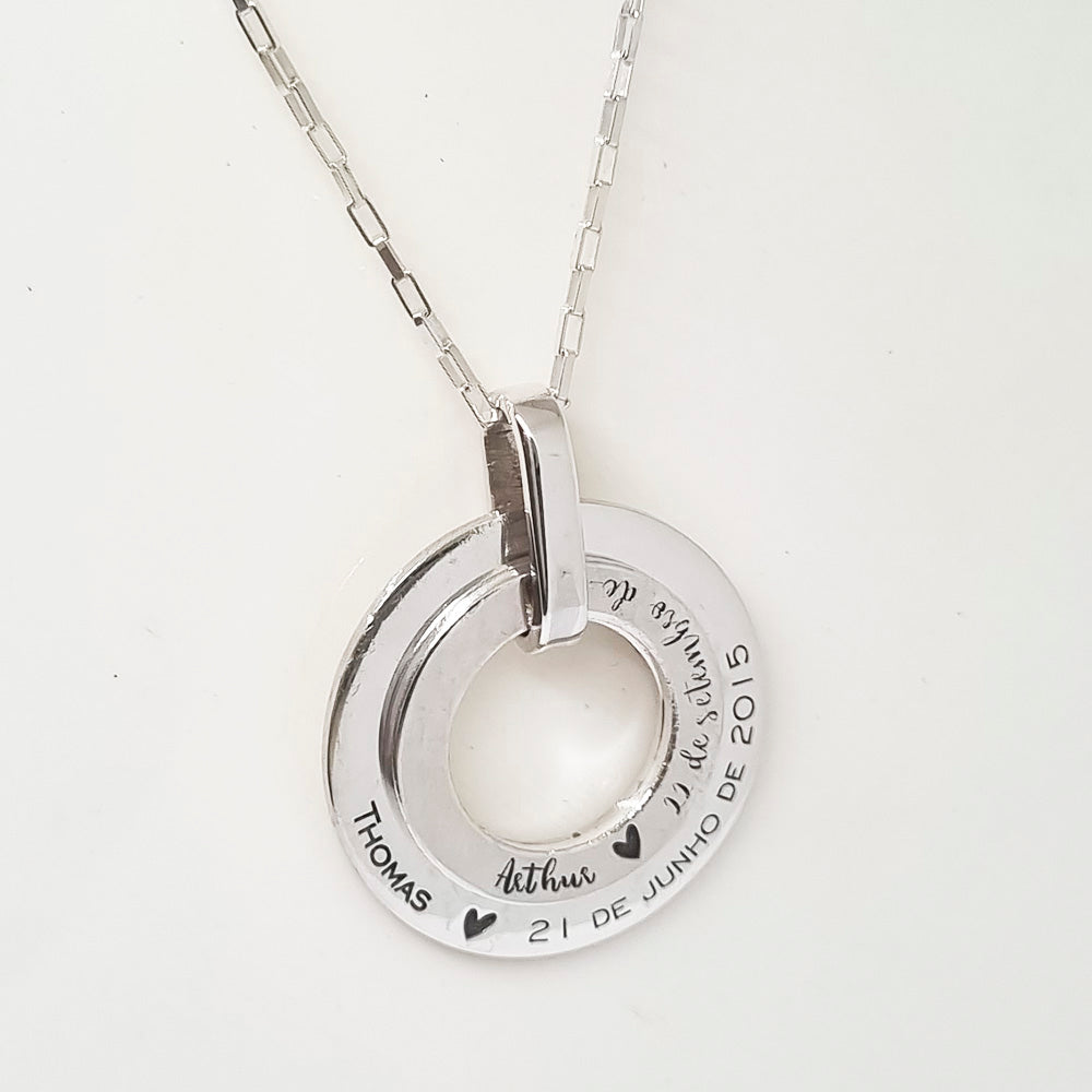 Colar Pingente 2 Círculos Personalizável 30mm em Prata