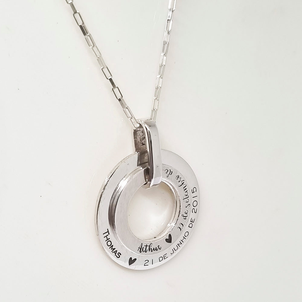 Colar Pingente 2 Círculos Personalizável 30mm em Prata