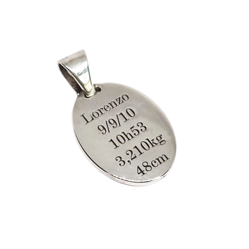 Pingente Oval Dados Nascimento Personalizado em Prata