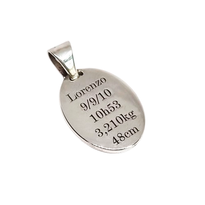 Pingente Oval Dados Nascimento Personalizado em Prata