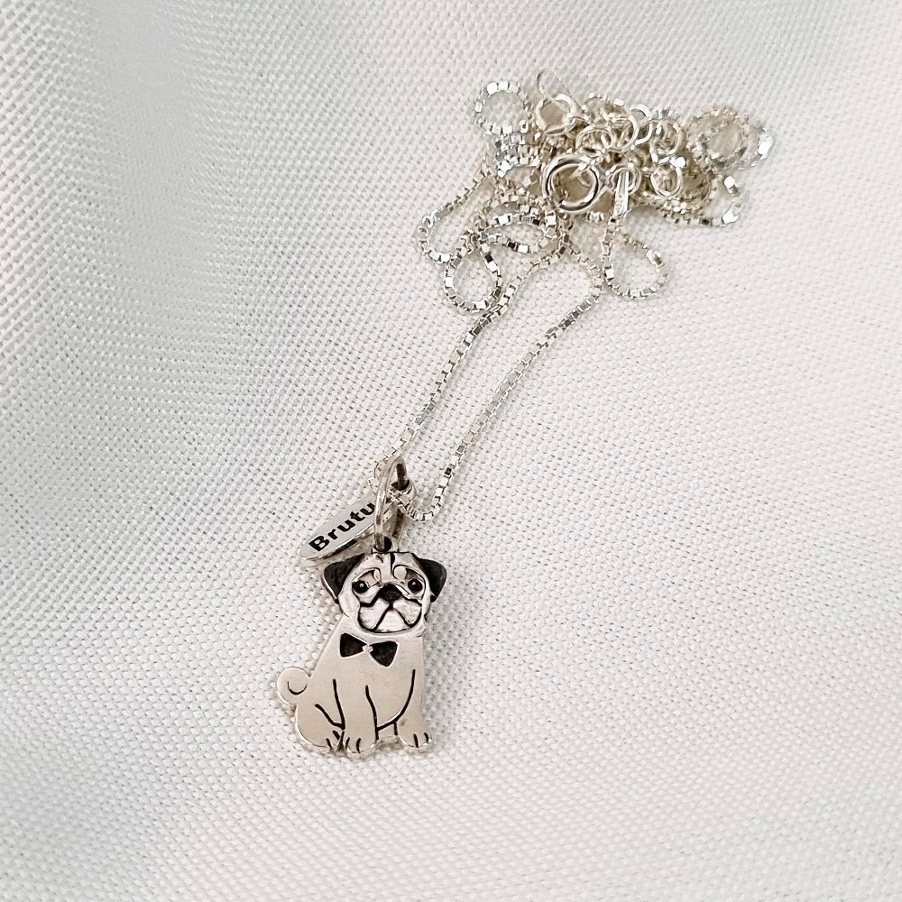Colar Pingente Pet Pug Personalizado 18mm em Prata